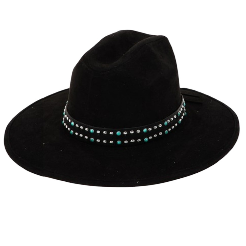 Black Wide-Brim Fedora Hat with Studded Trim
